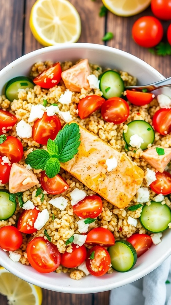 A colorful Mediterranean quinoa salad with salmon, tomatoes, cucumber, and feta on a wooden table.